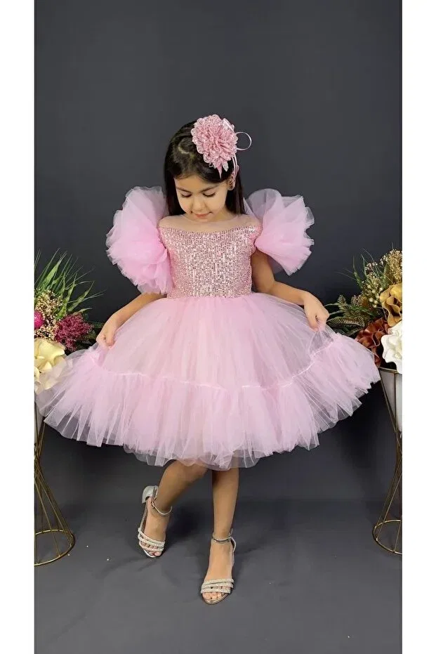 Детское платье для девочек с пайетками Puffy sleeve detailed sequin tulle powder girl's evening dress Vitastoretr, Powder