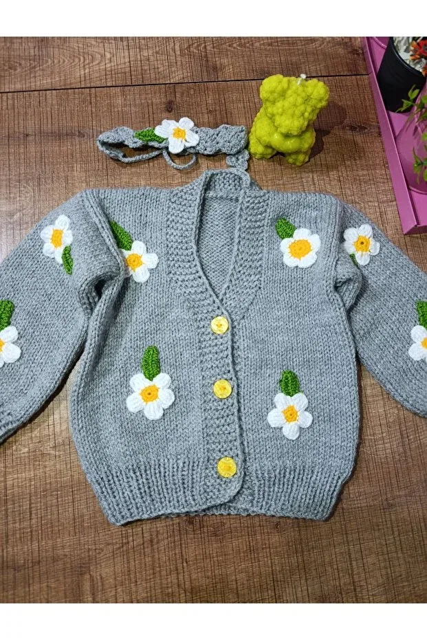 Детский кардиган с принтом Hand knitted kids cardigan El Örgüsü Cici Bebe, Gray — фото 2