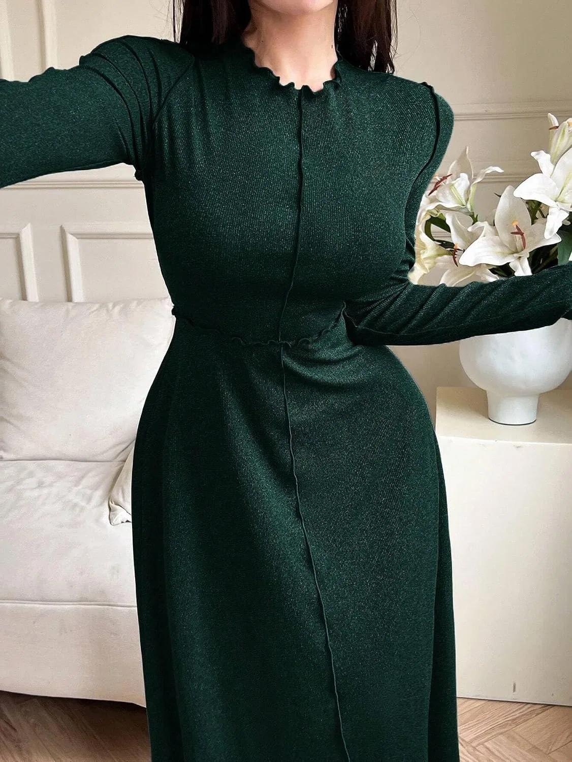 Женское длинное платье А-силуэта с длинным рукавом, Dark Green — фото 4