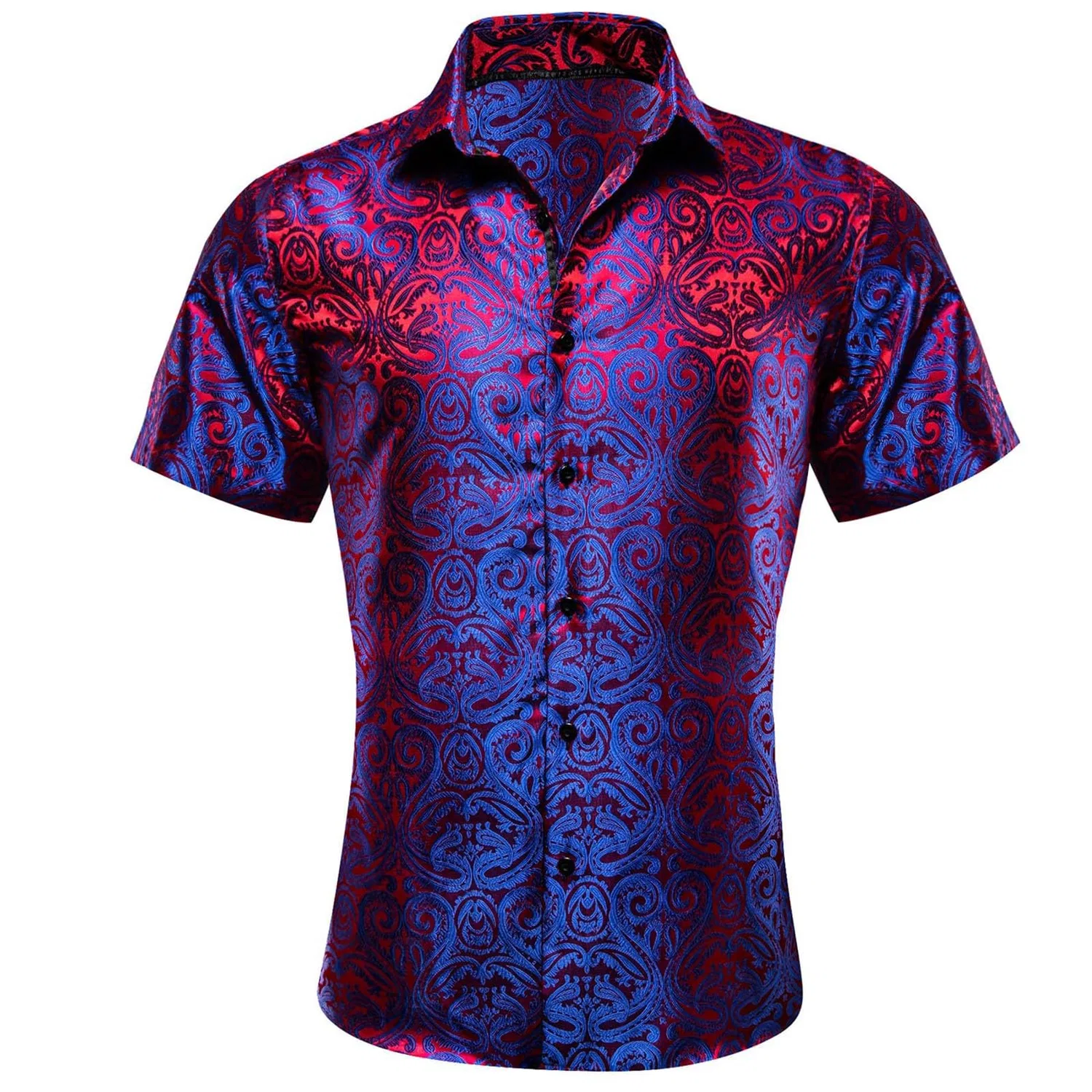 Мужская рубашка с коротким рукавом с принтом Paisley Shiny Satin Baroque Design, Dark Blue