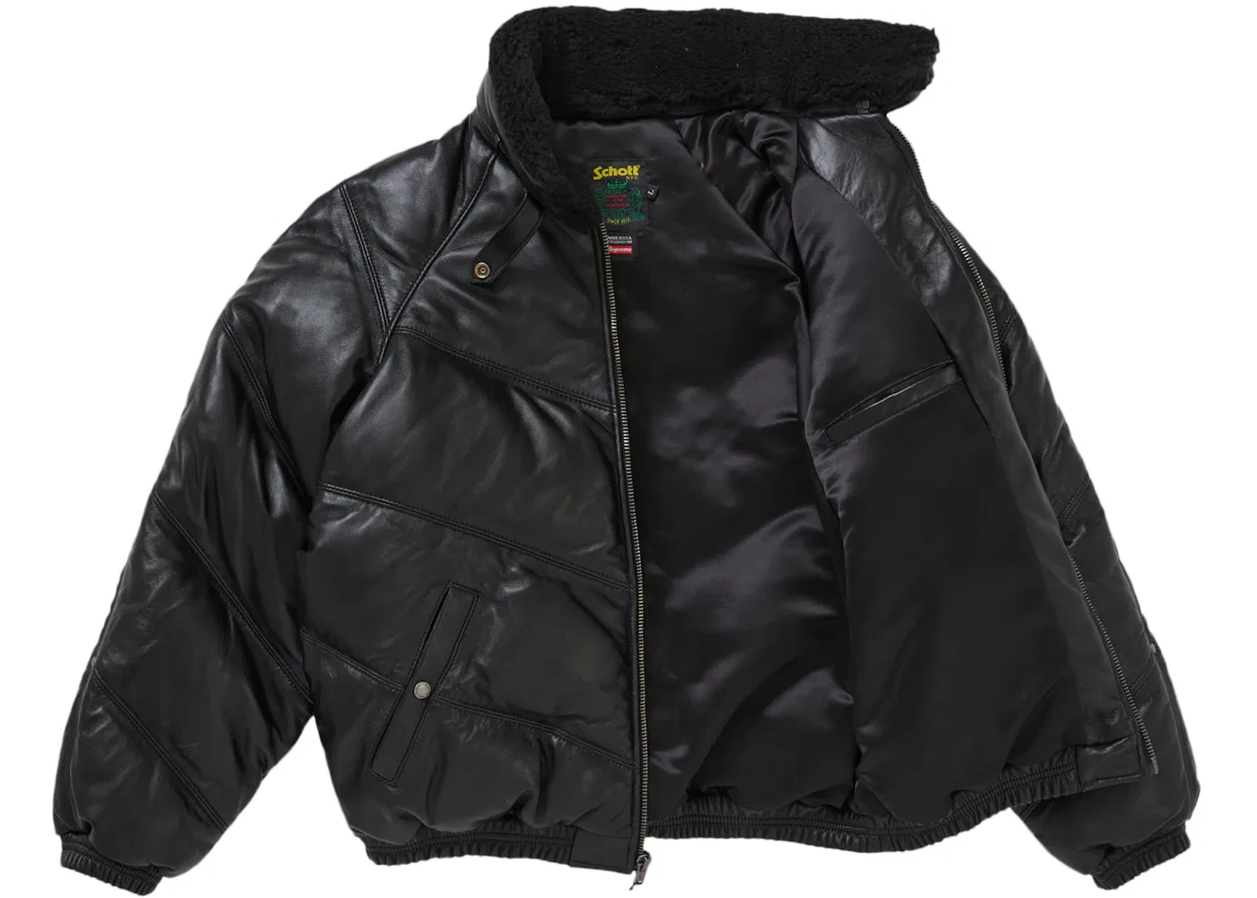 Мужская куртка-пуховик из кожи с шевронным узором Supreme Schott Chevron Leather Down Puffer Jacket, Black — фото 2