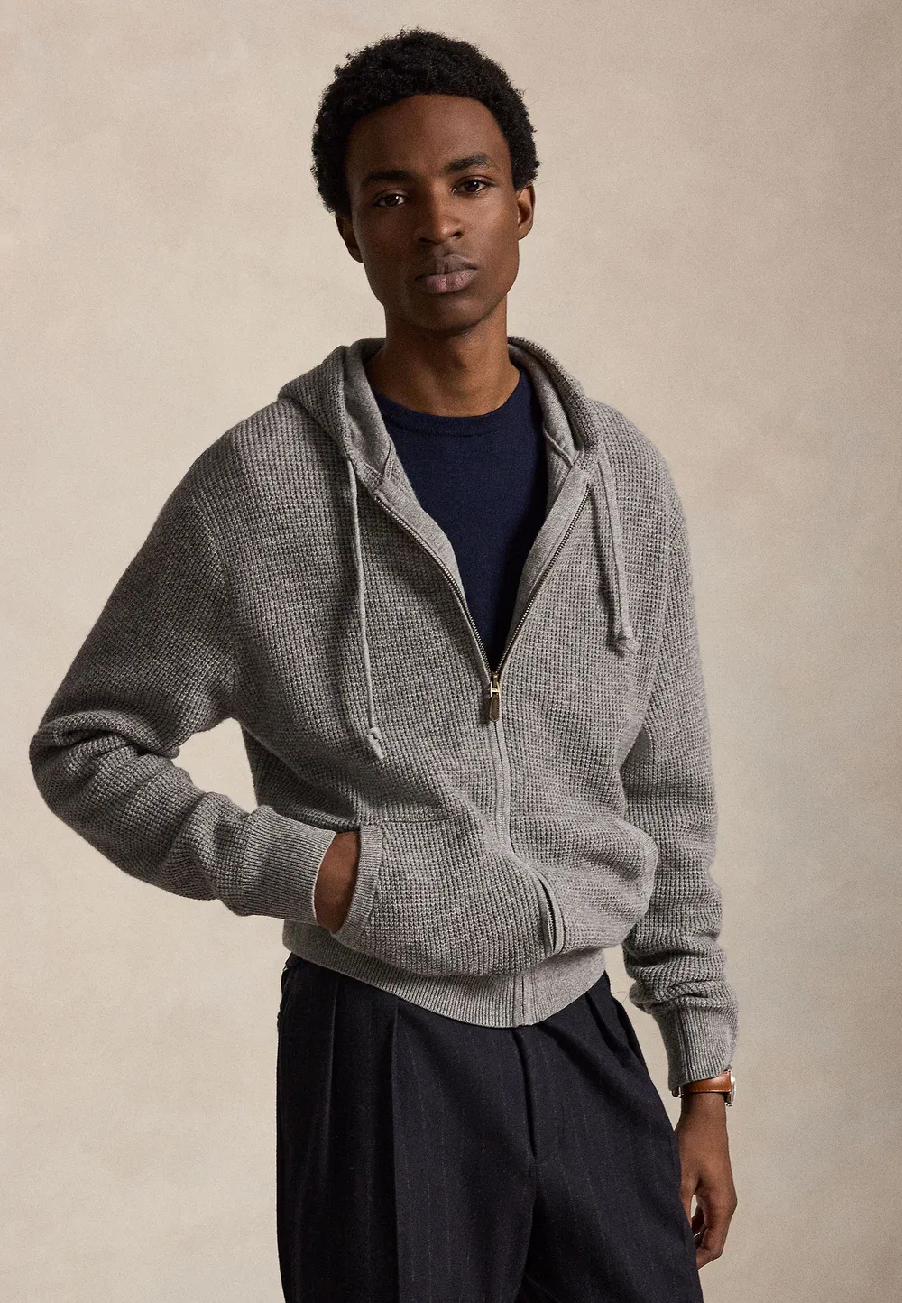 Вафельный свитер с капюшоном из шерсти и хлопка - кардиган Polo Ralph Lauren, Fawn Grey Heather