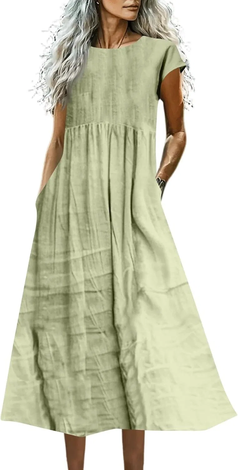 Женское повседневное платье миди из льна A-line, Light Green
