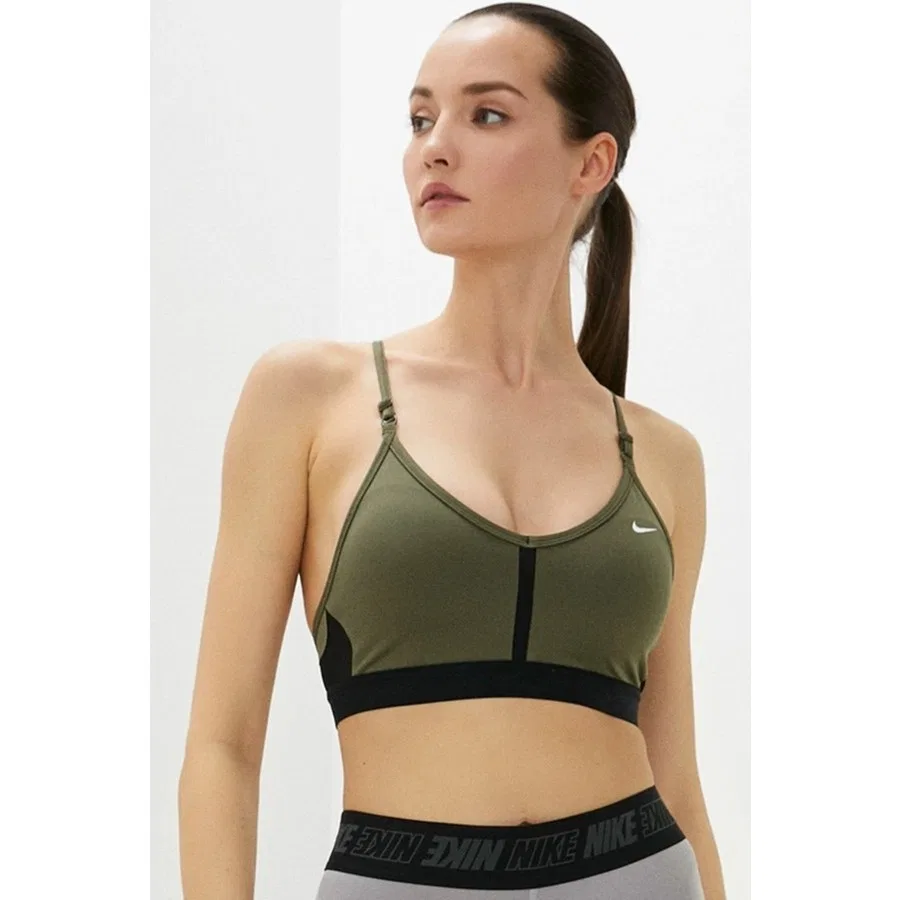Спортивный бюстгальтер с V-образным вырезом, быстросохнущий, Nike Dri-Fit Indy V Neck Light Support, Хаки — фото 4