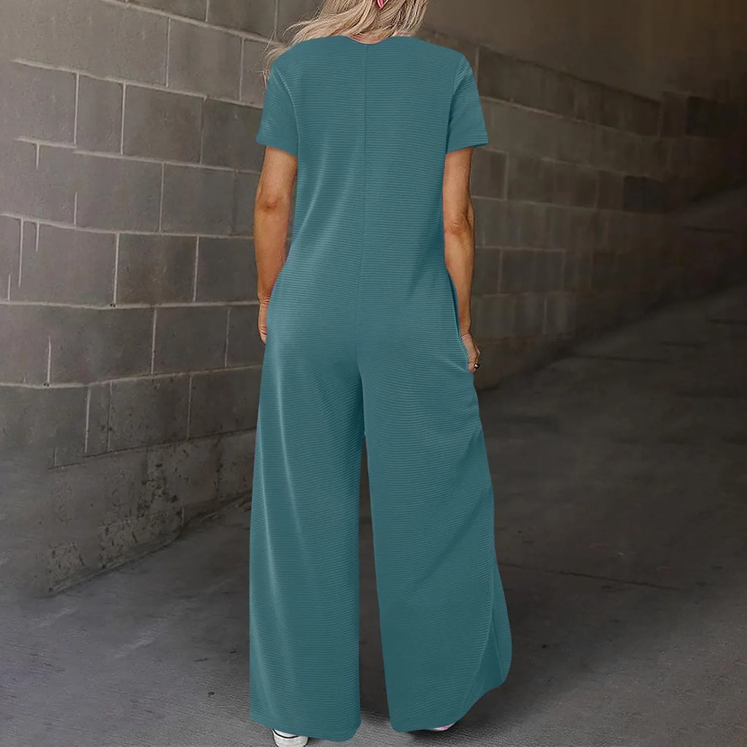 Женский широкий комбинезон с V-образным вырезом Rib Knit, Light Blue — фото 3