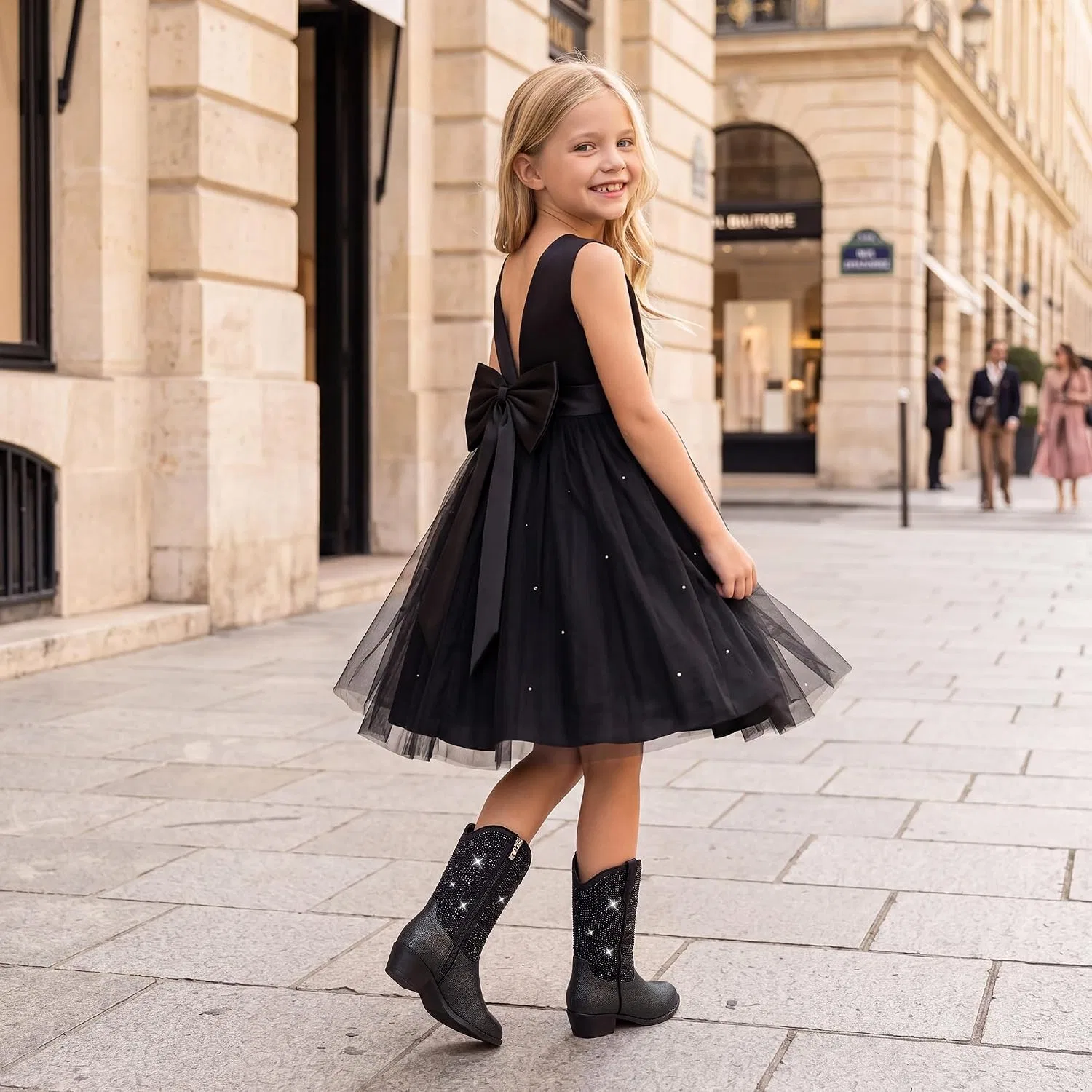 Детские сапоги для девочек со стразами Motasha Rhinestone Girls Cowboy Boots Sparkly Cowgirl Boots Little Big Kid, Black — фото 2