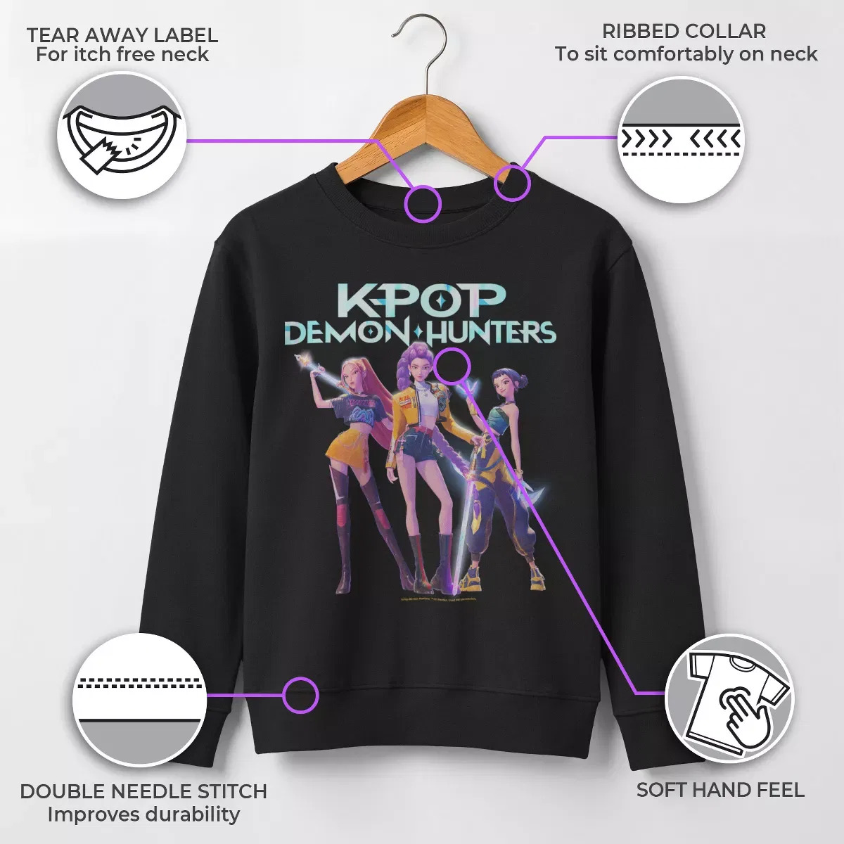 Детский свитшот с принтом Girls Group Shot KPop Demon Hunters, Black — фото 3