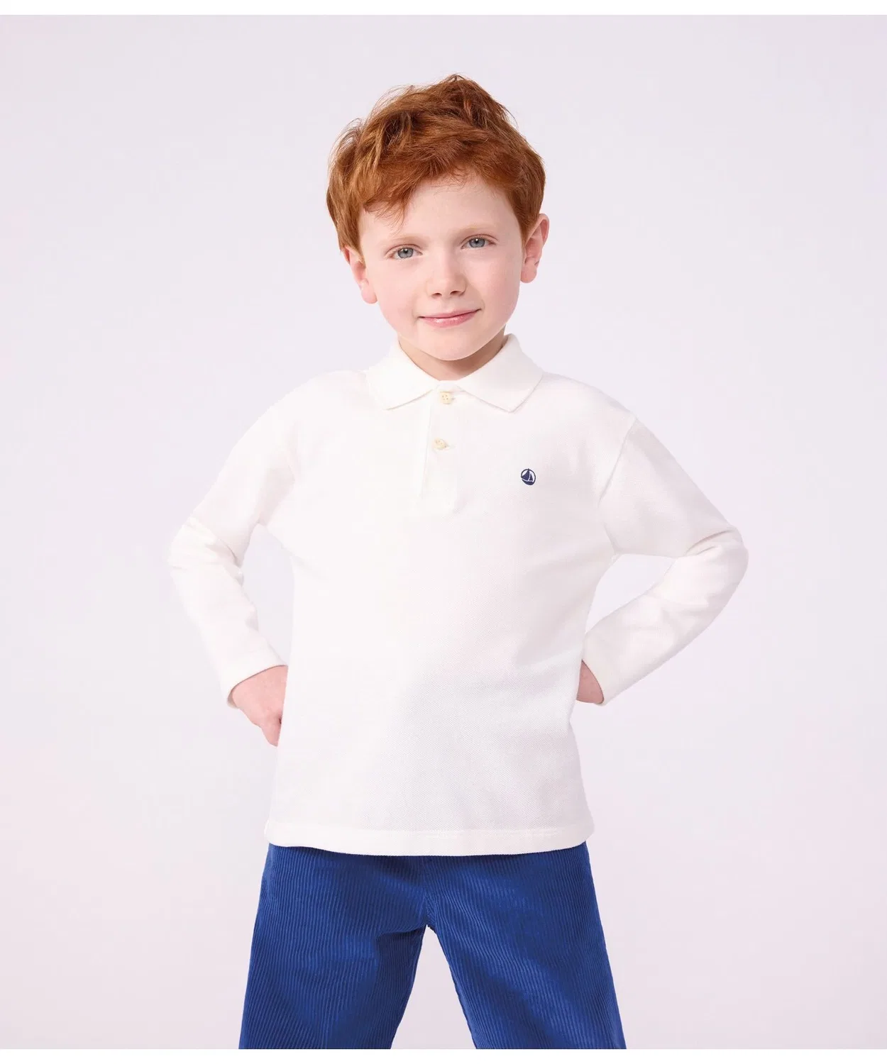 Детский лонгслив-поло с длинным рукавомPETIT BATEAU, Off White