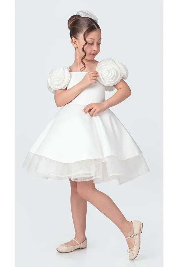 Детское платье для девочек без рукавов Fanari crepe satin gren supported girl evening dress m00735 Mnk Baby&Kids, Ecru — фото 3
