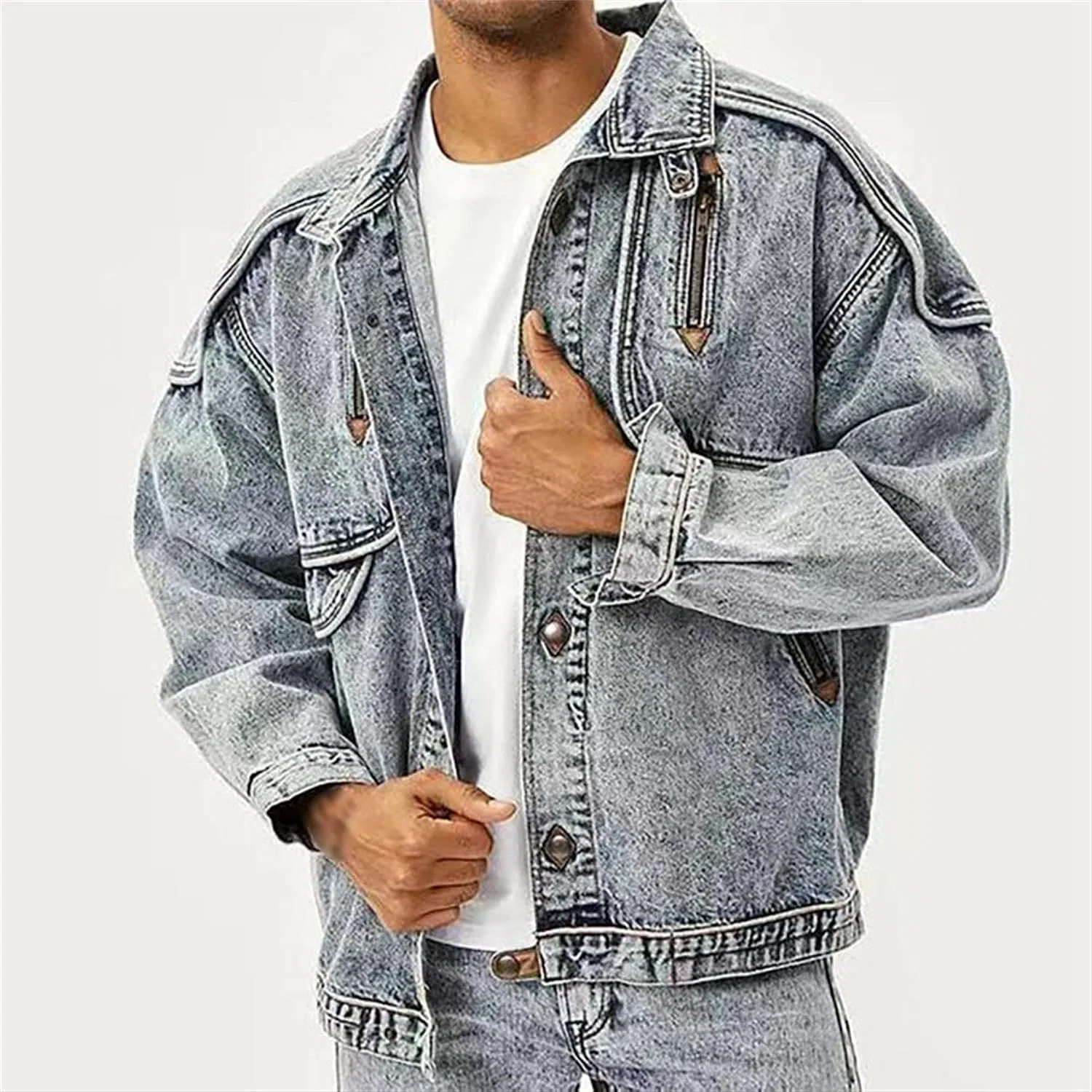 Мужская джинсовая куртка с пуговицами, Vintage Denim Cowboy Jacket, тёмно-синий — фото 2