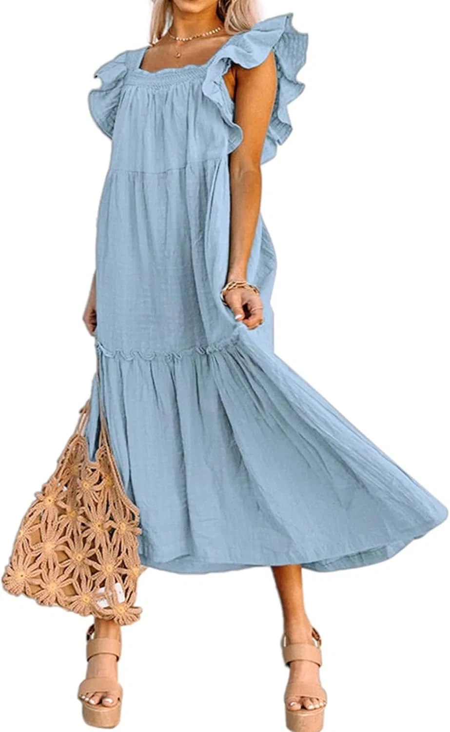 Женское летнее макси-платье с оборками Ruffle Square Neck, Light Blue