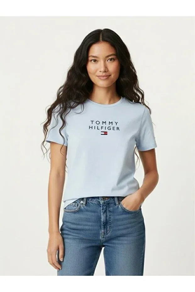 Женская футболка с принтом Organic Cotton Chest Th Embroidered Logo Tommy Hilfiger, Light Blue — фото 4