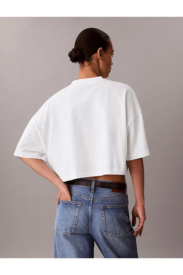 Женская хлопковое укороченное футболка с принтом Calvin Klein, White — фото 4