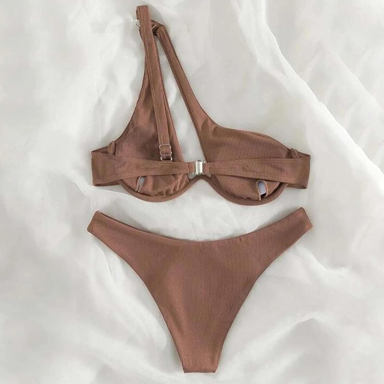 Женский бикини-сет с одним плечом и вырезами Push Up, Brown — фото 3