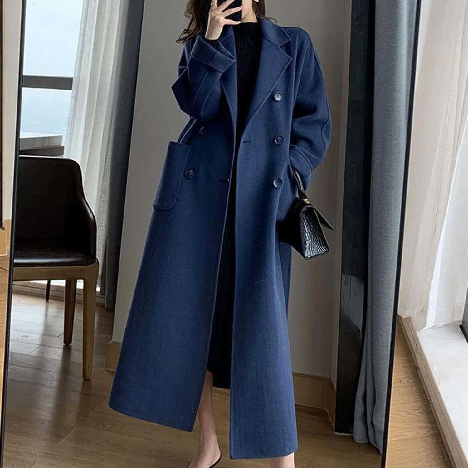 Женское двубортное пальто с поясом из шерстяной смеси, blue navy — фото 3