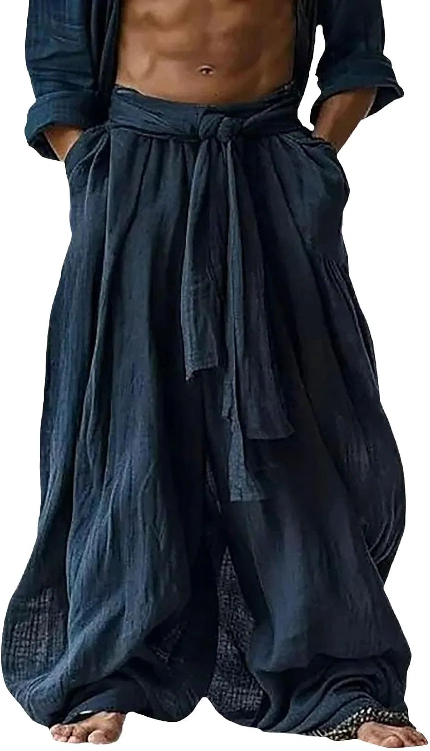 Мужские свободные брюки из хлопка и льна с завязками, Wide Leg, тёмно-синий