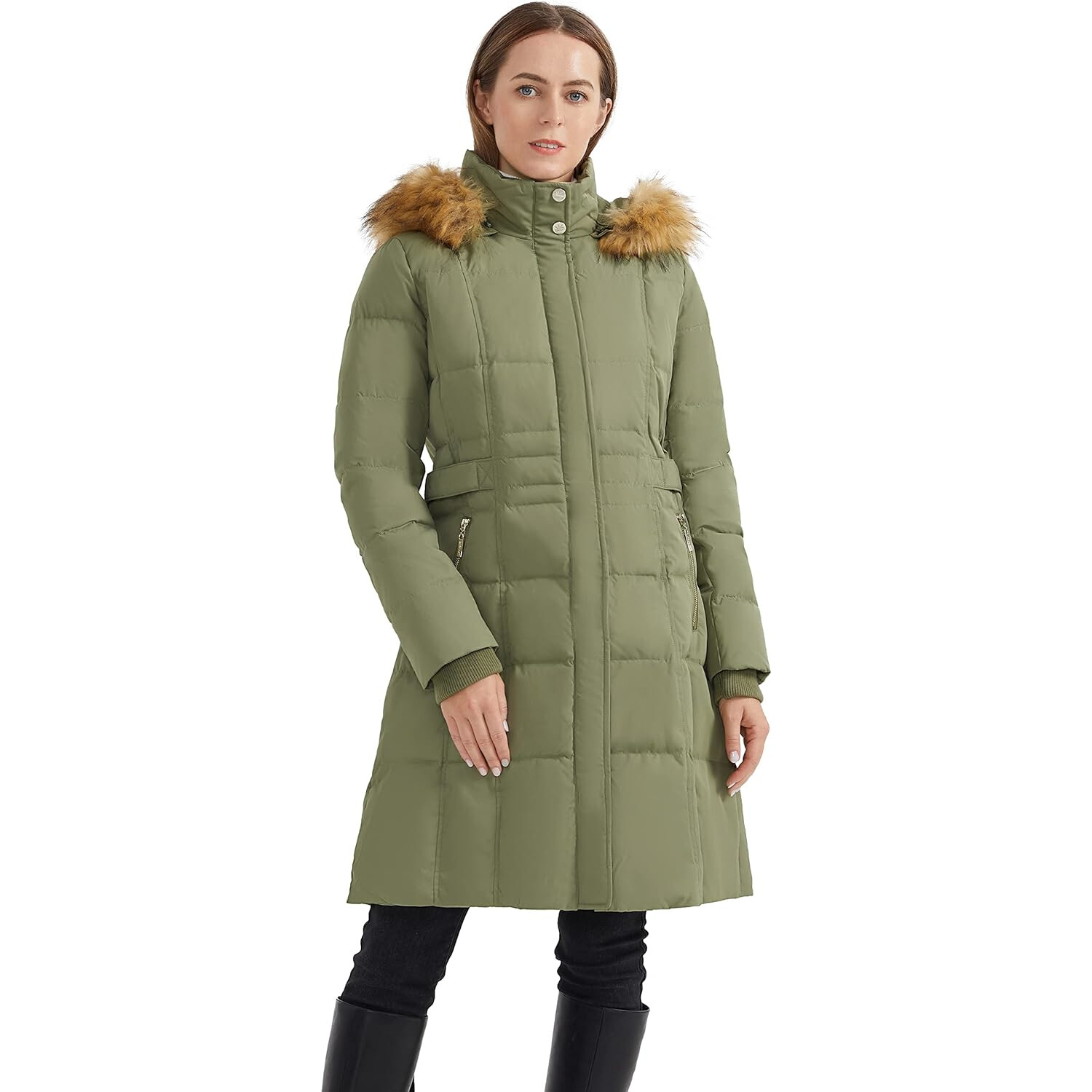 

Пуховик Orolay Hooded Faux Fur Long, зеленый хаки