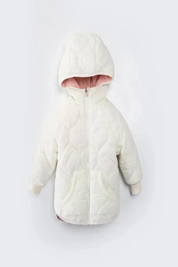 Детское зимнее пальто для девочек стеганое с капюшоном Dekubaby, Beige — фото 3