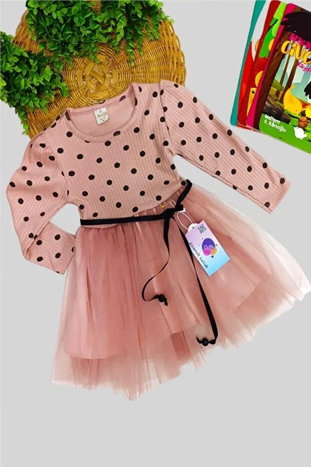 Детское платье для девочек с принтом в горошек Baby girl child polka dot princess fluffy tutu dress long sleeve flexible lycra Dinamik Çocuk, Rose Dry