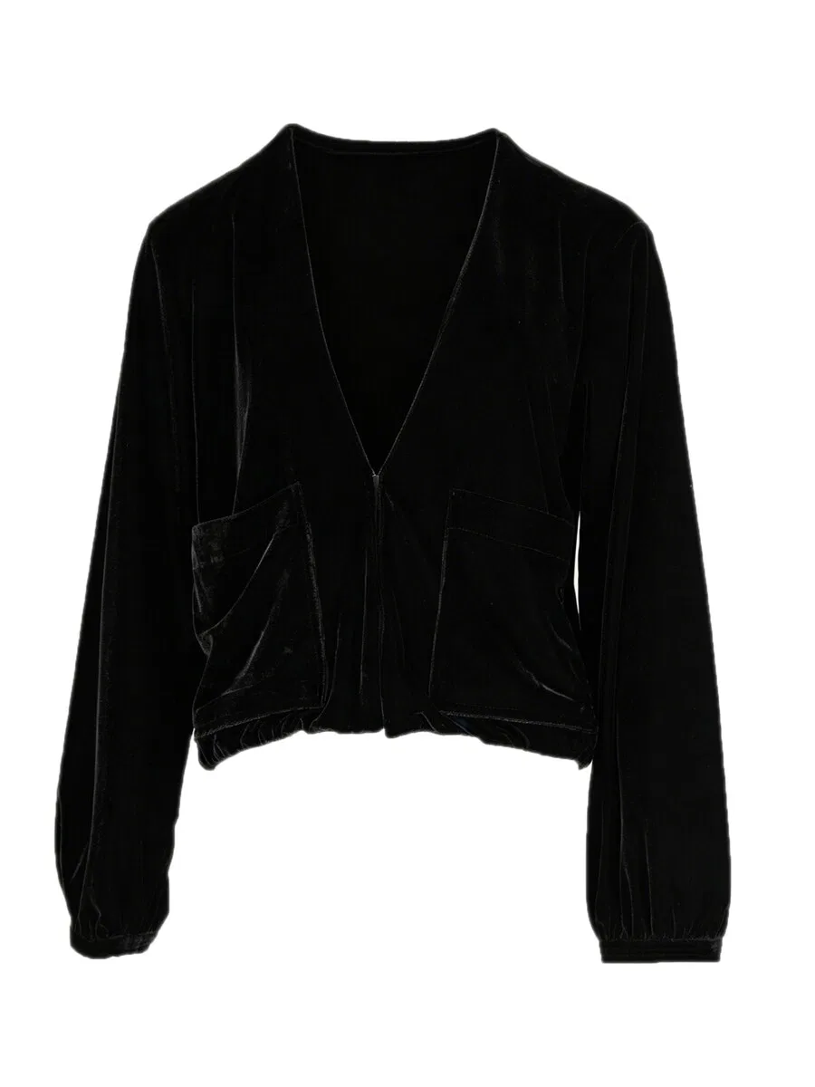 Межсезонная куртка yoligex 'YOLIGEX Samtjacke Schwarz V-Ausschnitt mit Taschen' черного цвета