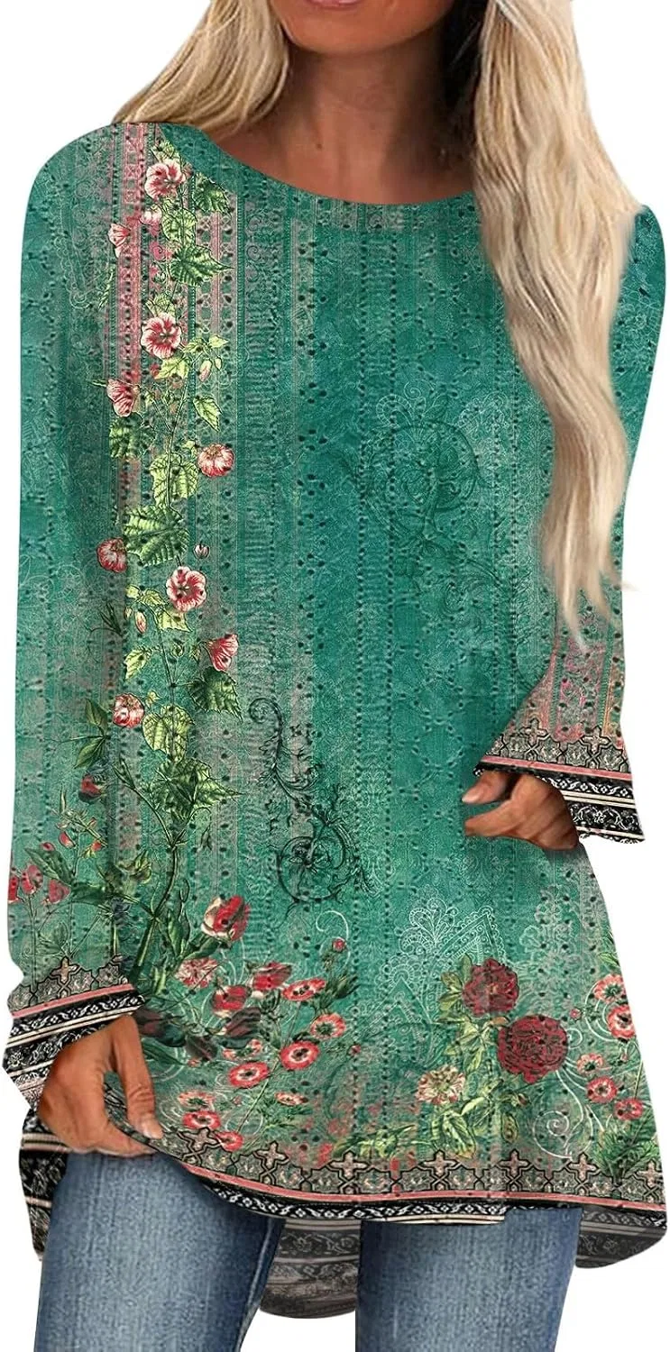 Женская туника свободного кроя с цветочным принтом, Dark Green