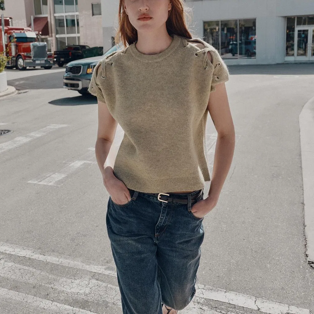 Женский свитер с круглым вырезом Light Beige Yellow/Khaki ZARA — фото 4