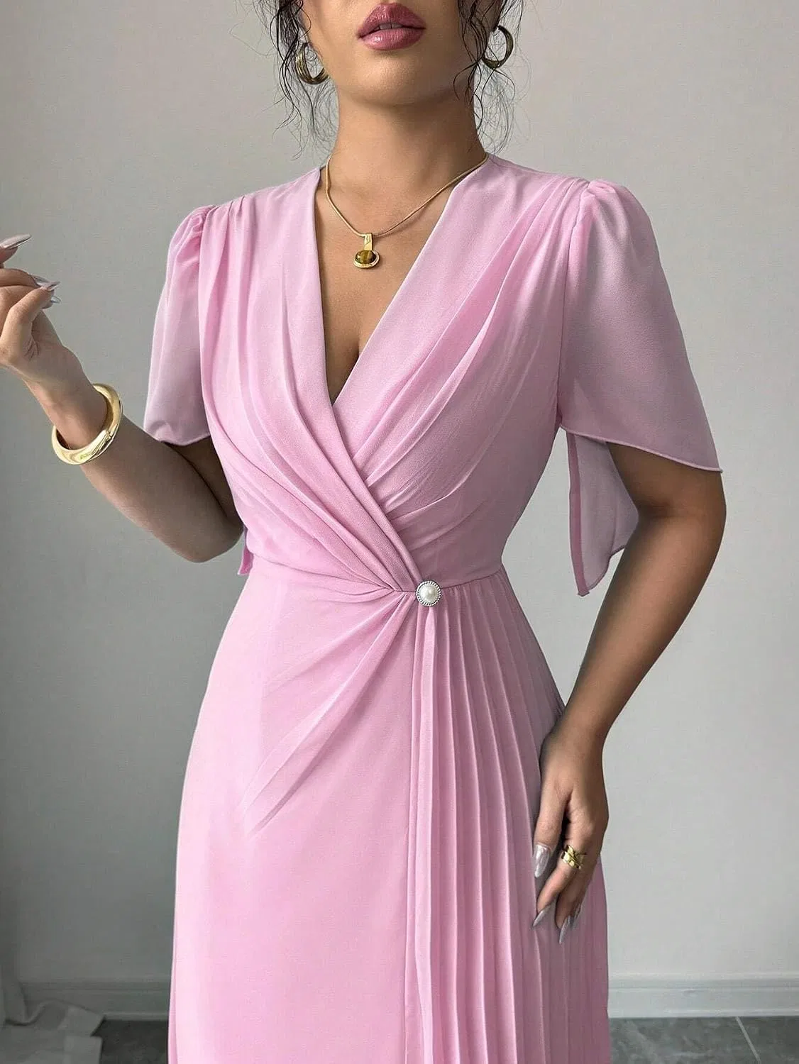 Женское элегантное платье с драпировкой V-образным вырезом, Pink — фото 2