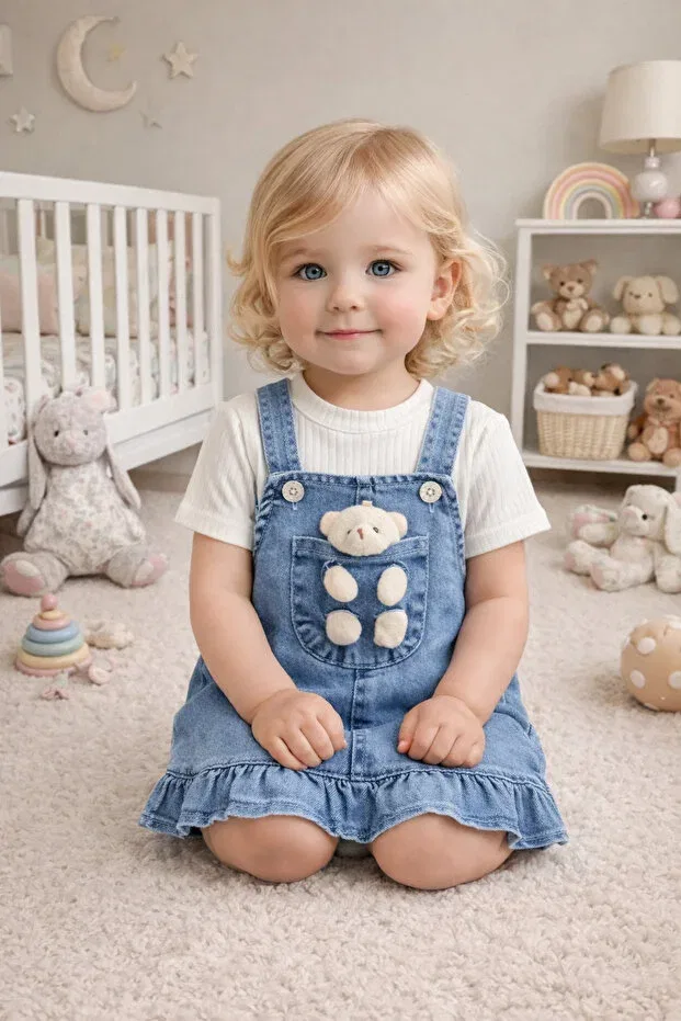 Детский комплект для девочек джинсовый с принтом Teddy Bear Ruffle Denim Dress Striped Short Sleeve Bodysuit 2-Piece Set Bebexo Kids, Blue — фото 2