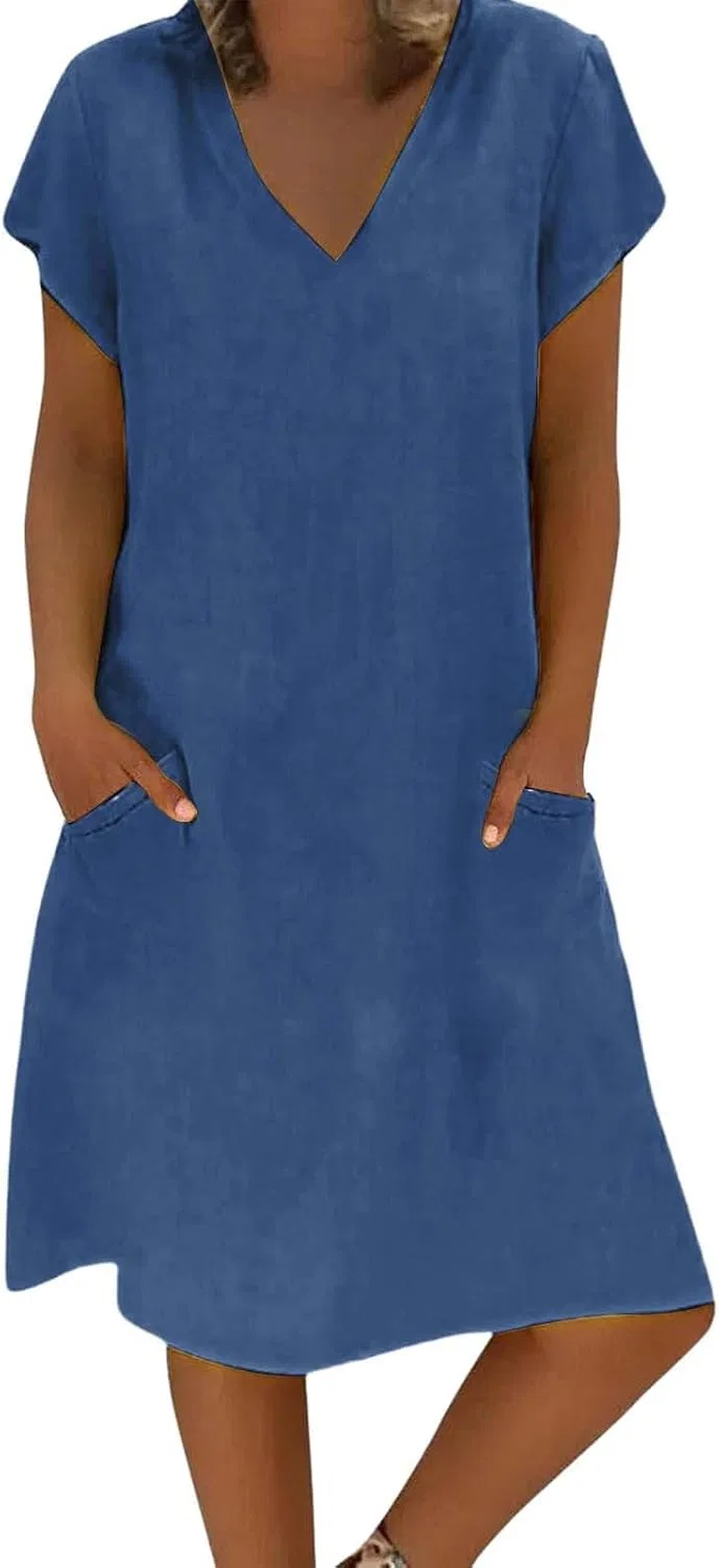 Женское платье миди V-образным вырезом Cotton Linen, Blue