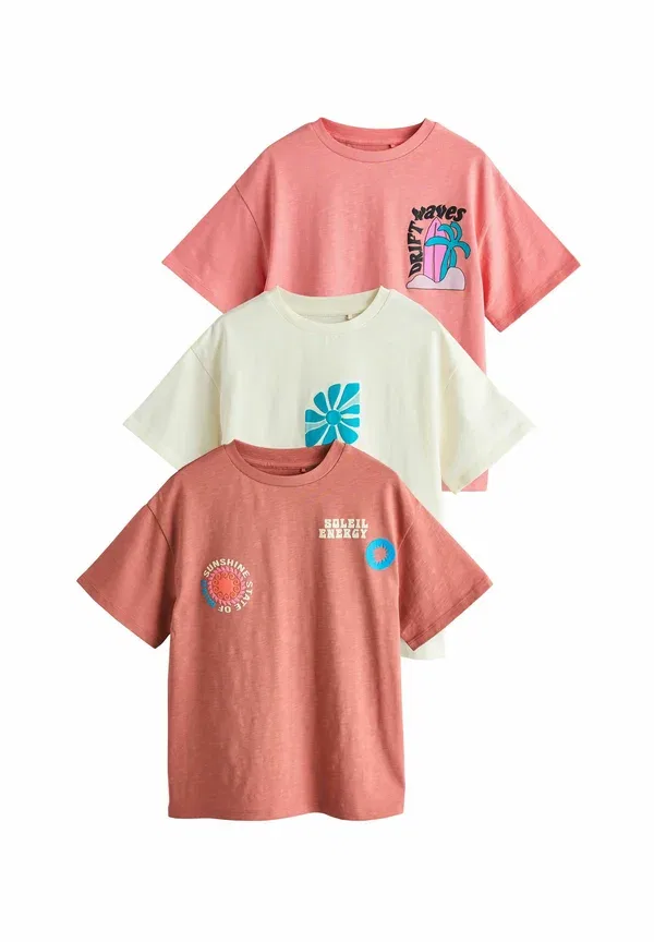 Футболки 3 шт, хлопок, Regular fit - oversized graphic t-shirts 3 pack, Next, коричневый/розовый волны
