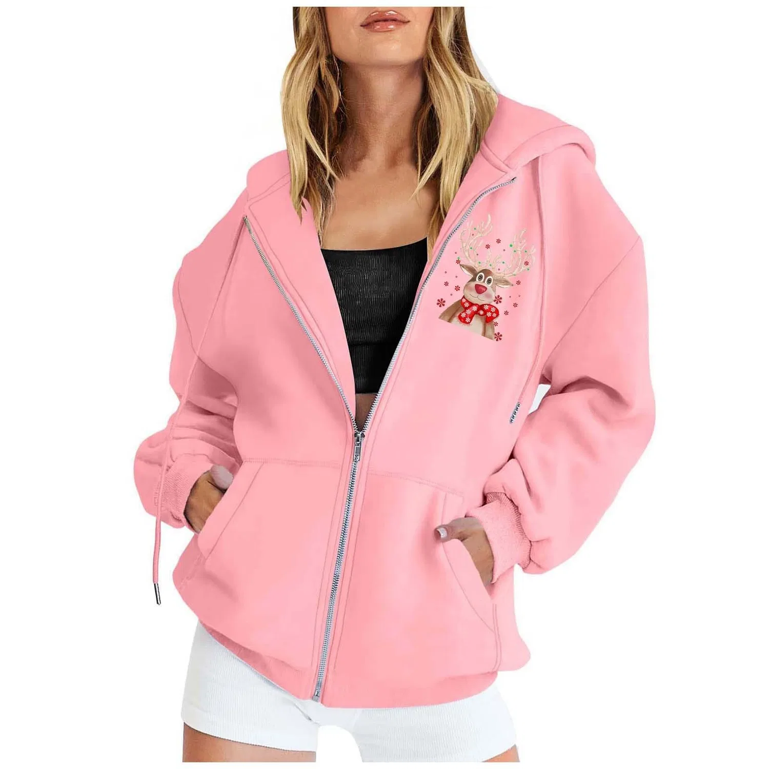 Женское пальто с длинным рукавом Moda Moda Natale Stampato Cerniera Manica Lunga Tasca Coulisse Sport Casual Felpa Con Cappuccio, rosa — фото 2