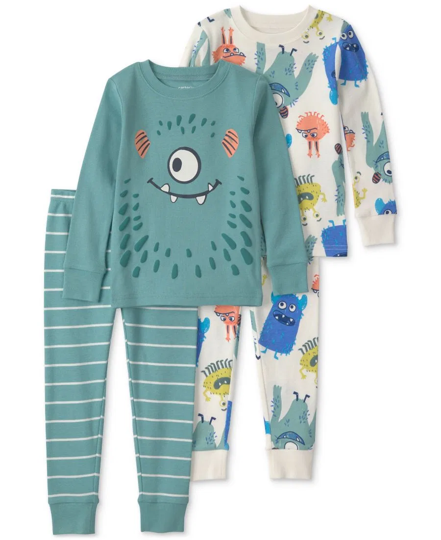 Комплект пижам из хлопка с монстрами, 4 предмета Carter's, Teal/Cream