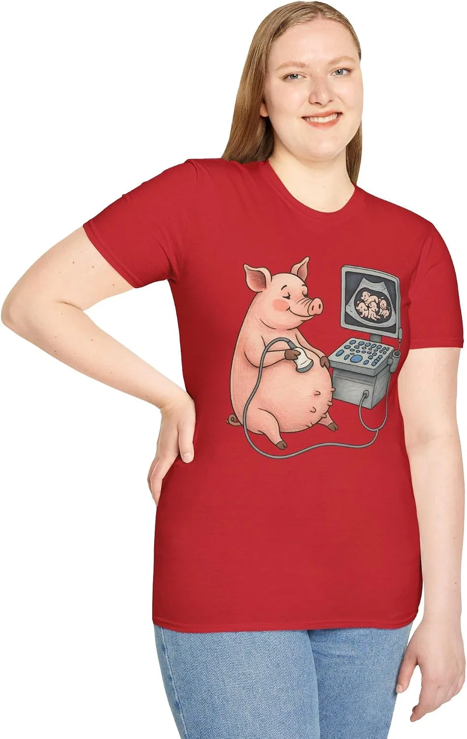 Женская футболка с принтом Pregnant Pig Ultrasound Shirt, красный — фото 3