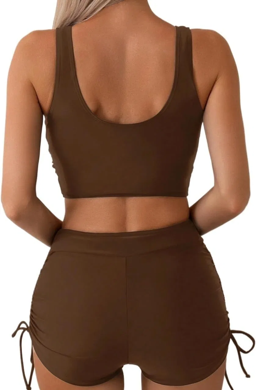 Женский купальный костюм с высокой талией 2-piece set, Coffee Brown