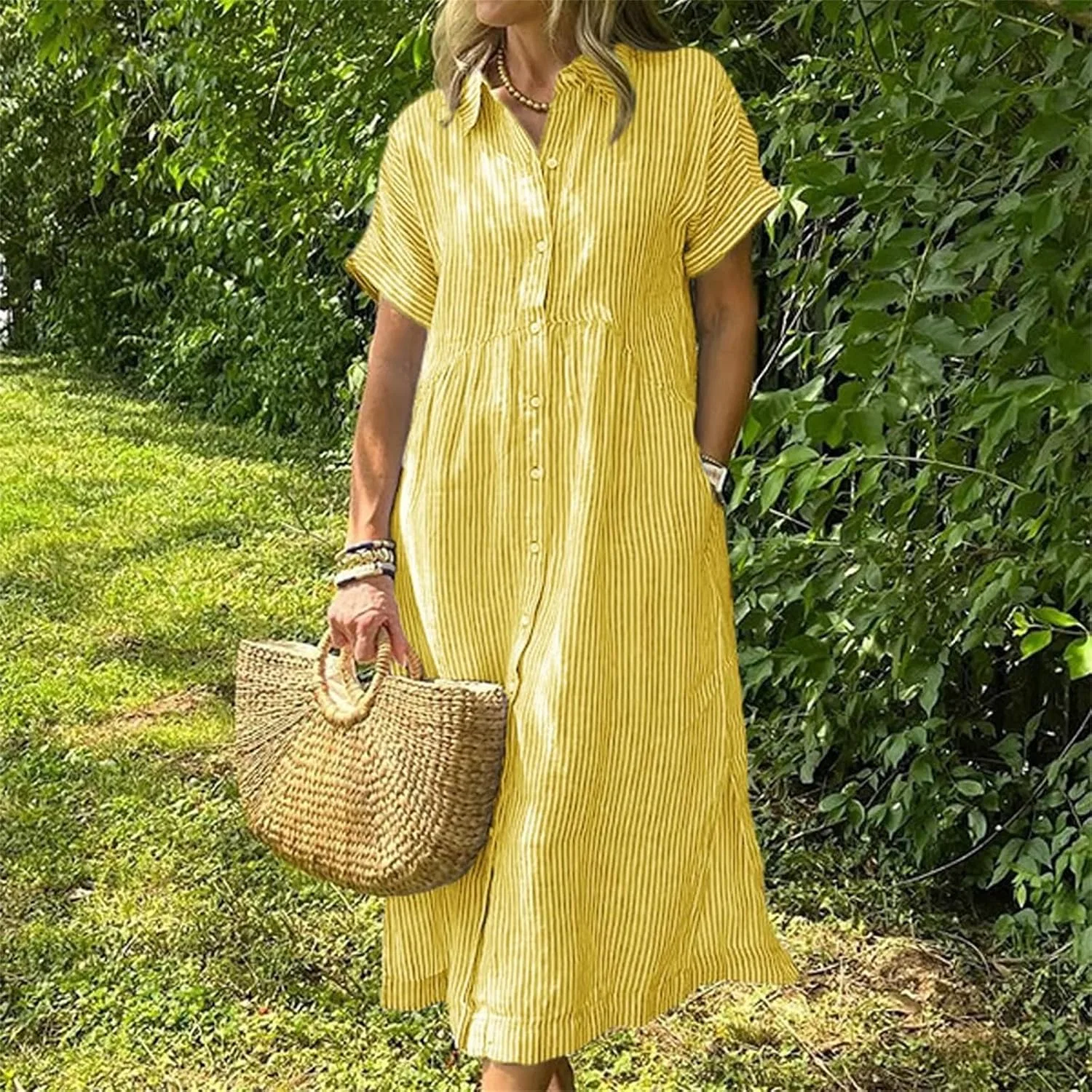 Женское полосатое платье-рубашка миди с воротником, Yellow — фото 4