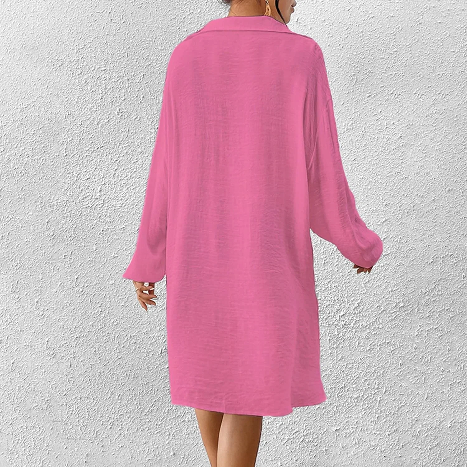 Женская легкая рубашка-платье для пляжа с длинным рукавом, Hot Pink — фото 3