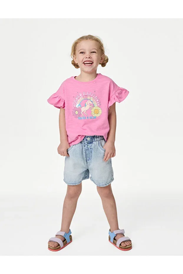Детские шорты для девочек джинсовые Regular fit patterned denim shorts Marks & Spencer, Blue