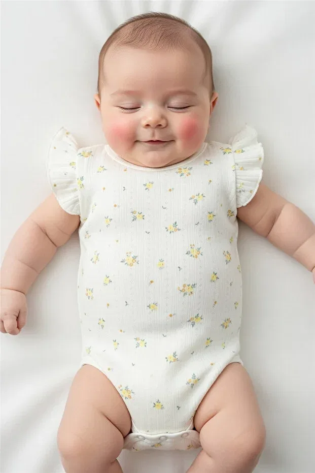 Детское боди для новорожденных ажурный с принтом Ajurlu short sleeve bodysuit with age print (bloom) Bebetto, Yellow — фото 4