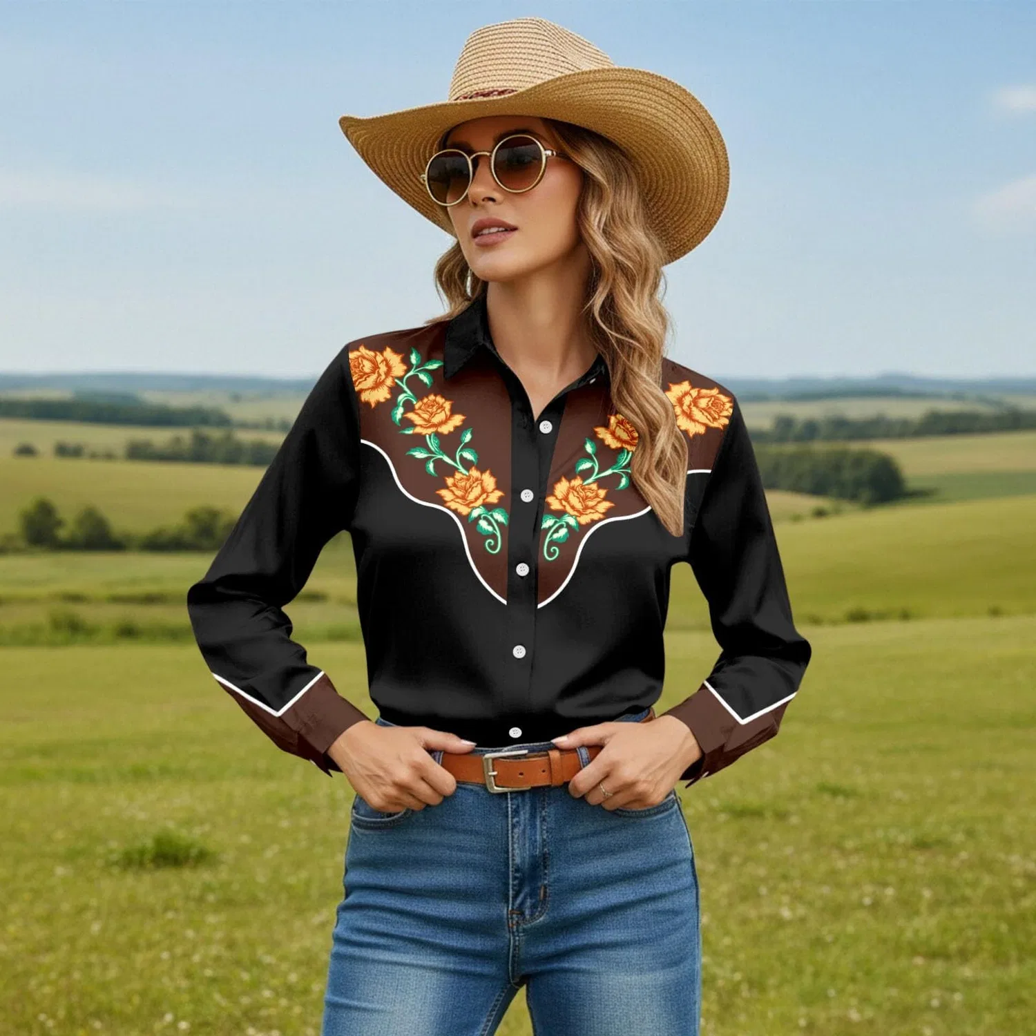 Женская рубашка с длинным рукавом с принтом Western Shirt, Black — фото 2