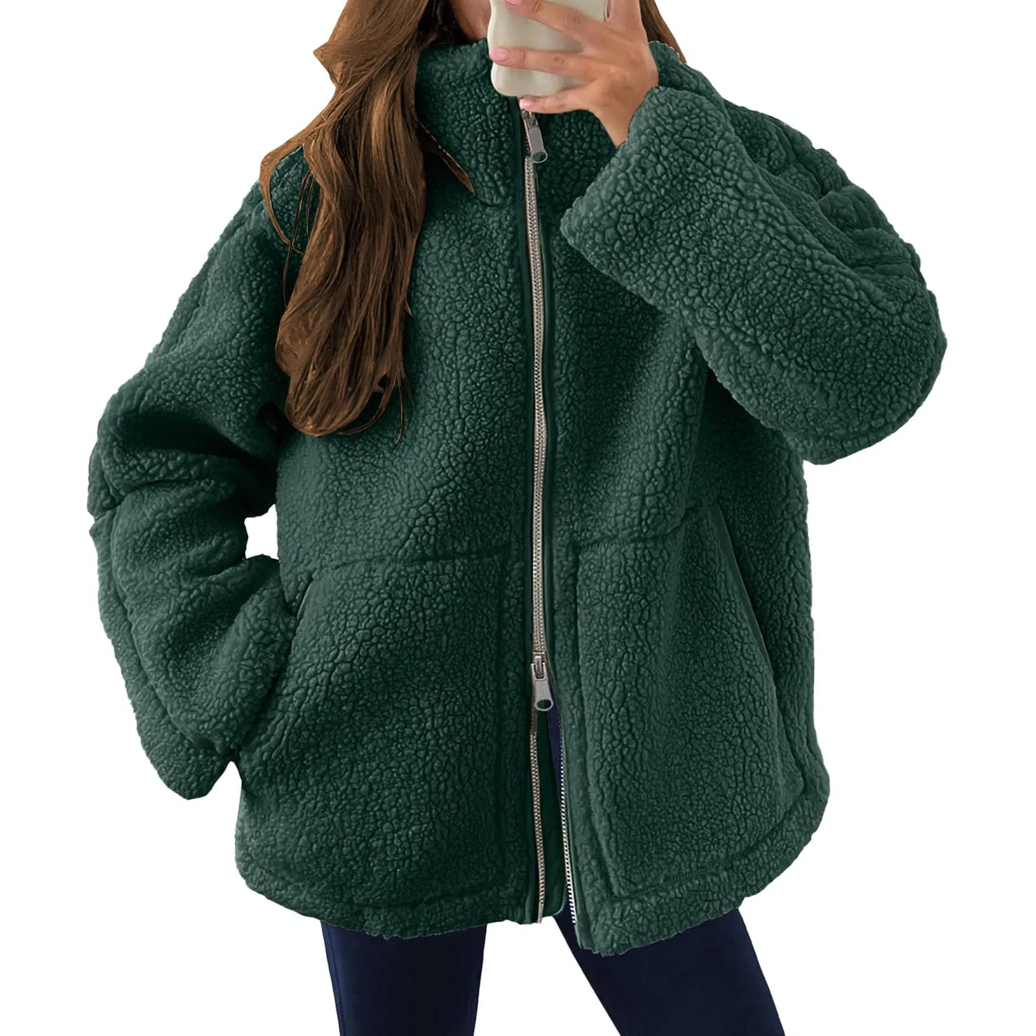 Женское пальто с принтом Oversized Jacket Zipper Pockets Casual, Verde