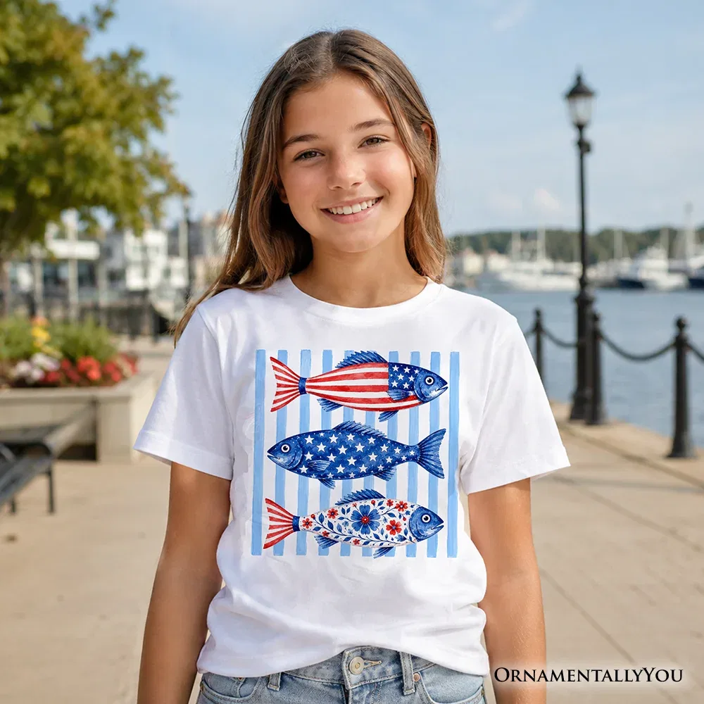 Детская футболка для мальчиков с принтом American Flag Fish OrnamentallyYou, White — фото 2