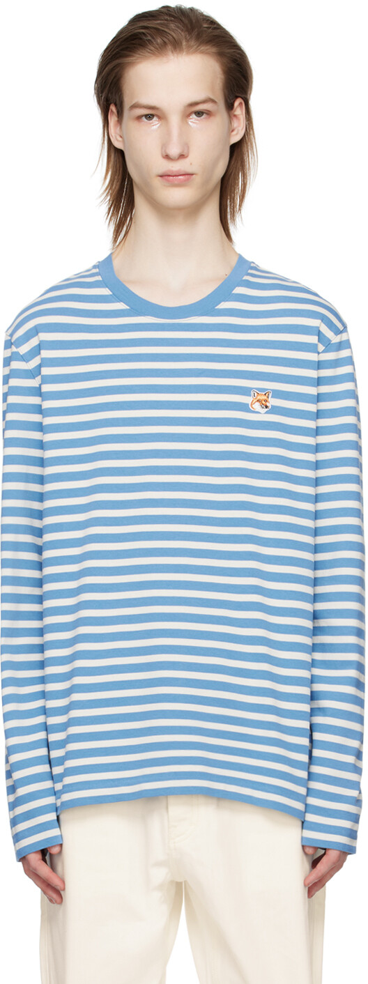 

Синяя футболка с длинным рукавом и головой лисы Maison Kitsune
