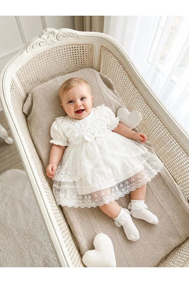 Детское платье для девочек хлопковое Mevlütlük Summer Dress with Bandana and Lace Newborn Hospital Release 100% Cotton Wedding Dress Evening Dress 4031k Bebila Baby, Ecru