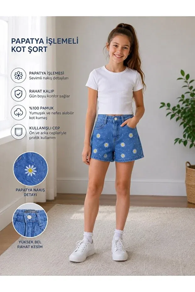 Детские джинсовые шорты для девочек с вышивкой Bilge Trend, Blue