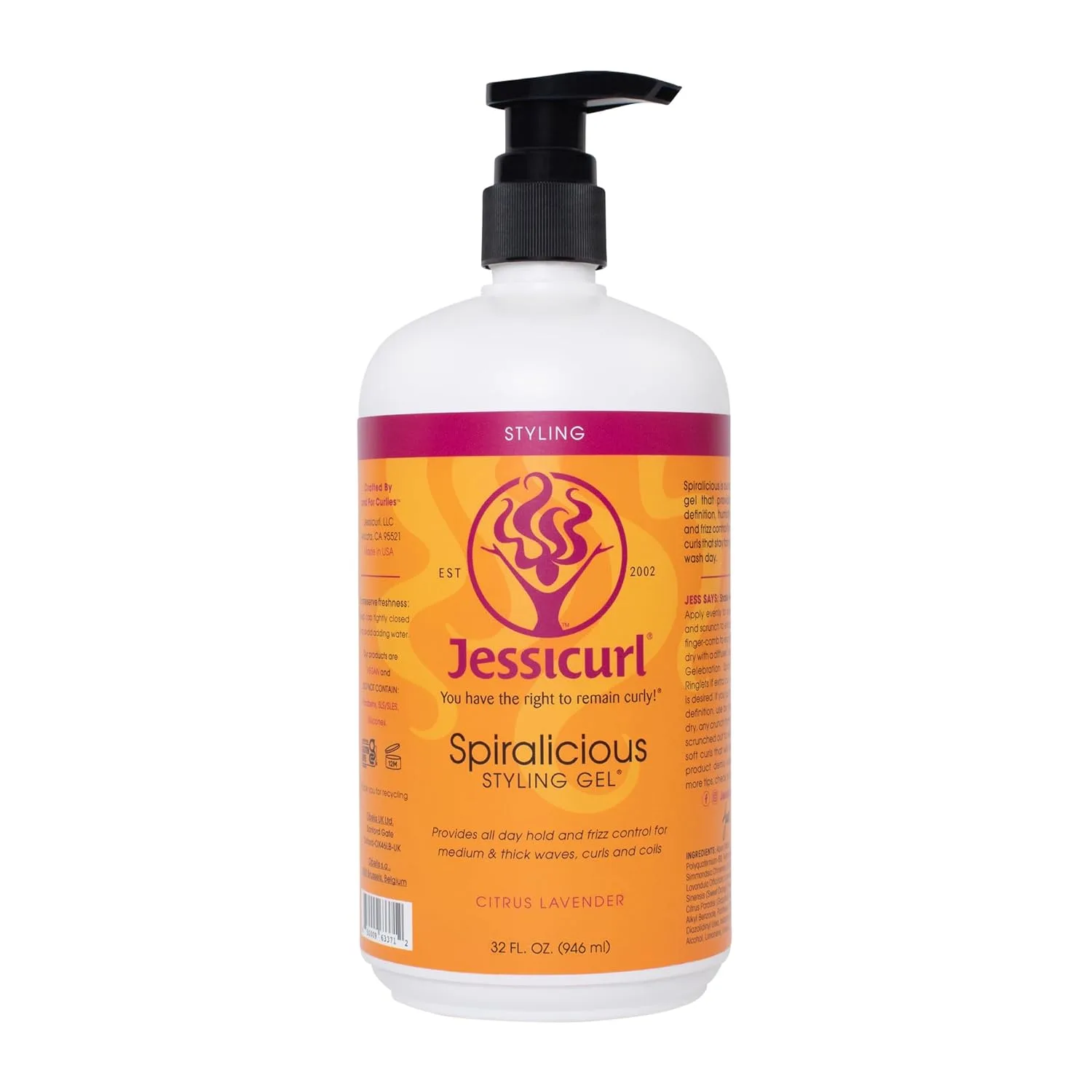 Гель для укладки волос Jessicurl Spiralicious, цитрусово-лавандовый, 955 мл. Средство для формирования локонов и контроля над пушистостью, подходит для всех типов волос. 946 мл (1 шт.)
