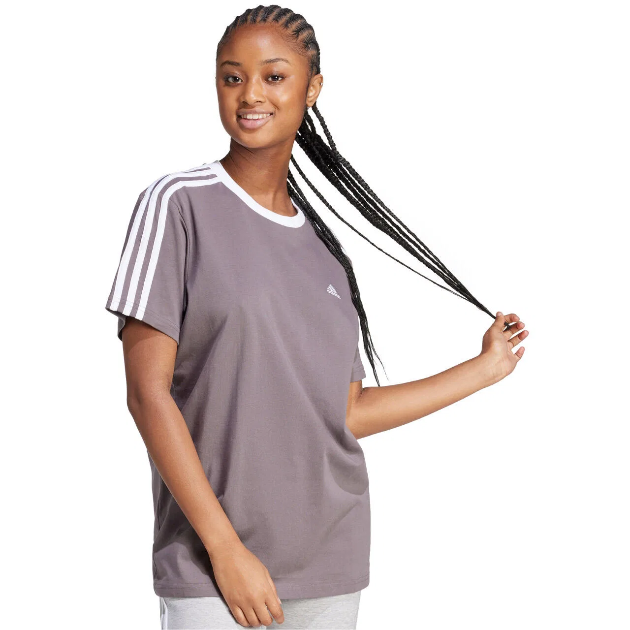 Женская футболка с тремя полосами adidas Essentials 3-Stripes Tee, Adidas, Серый Белый Медно-коричневый — фото 2