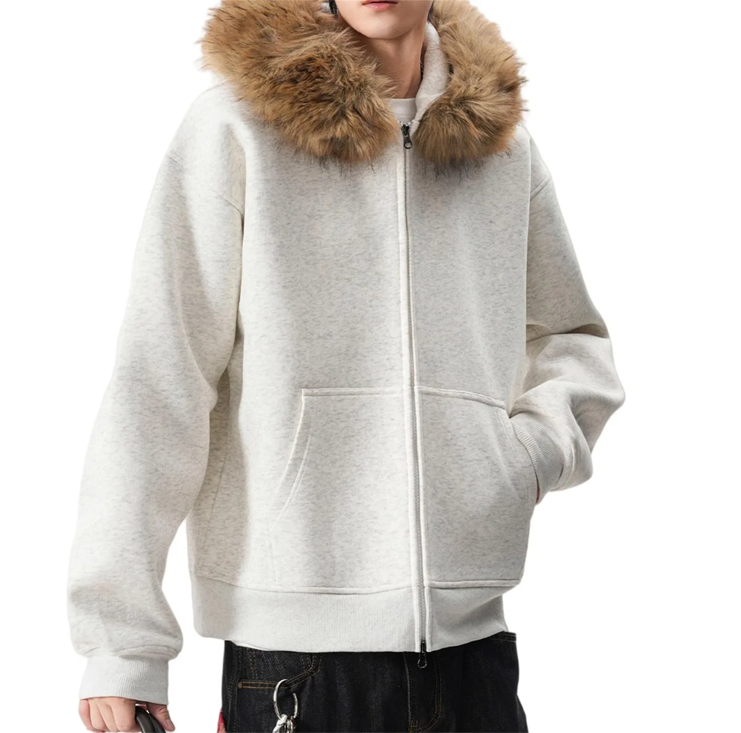 Мужской худи с капюшоном и меховым воротником Y2k Style, White