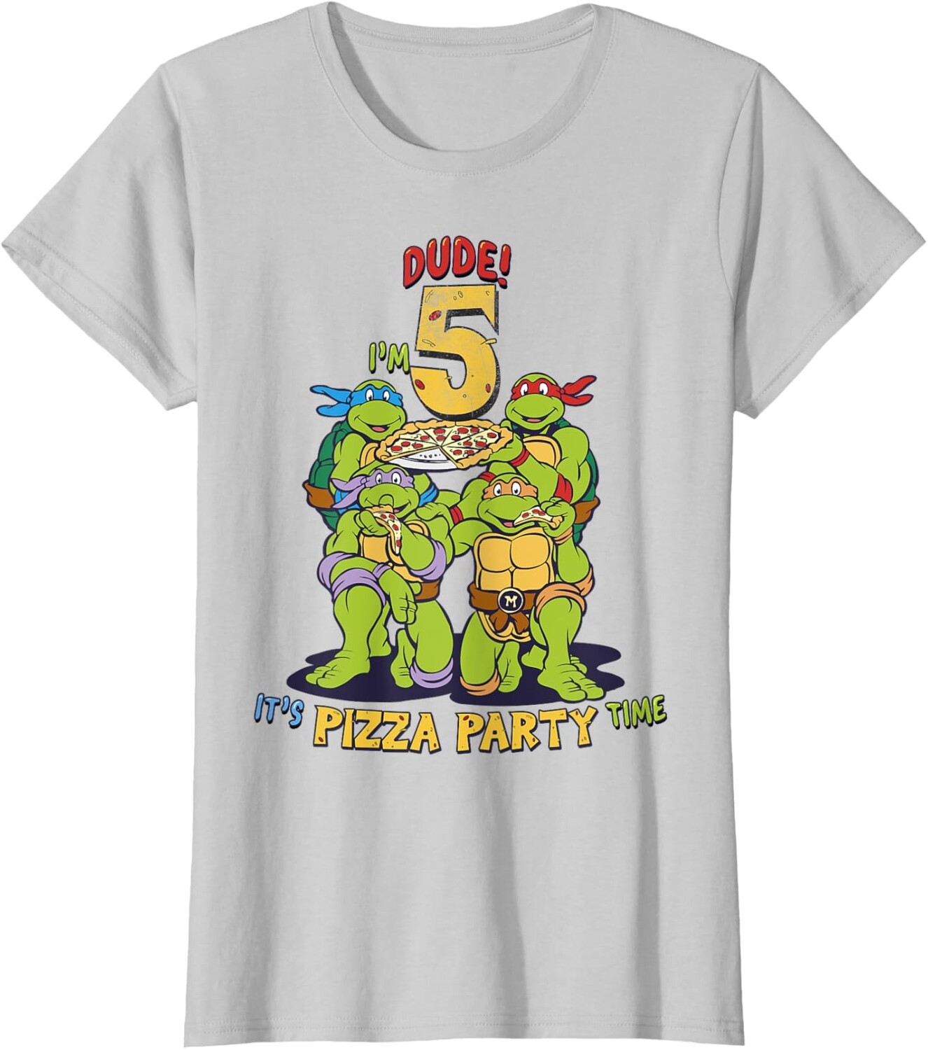 

Женская футболка Teenage Mutant Ninja Turtles I'm 5 Dude Pizza Birthday Party, серебристо-серый