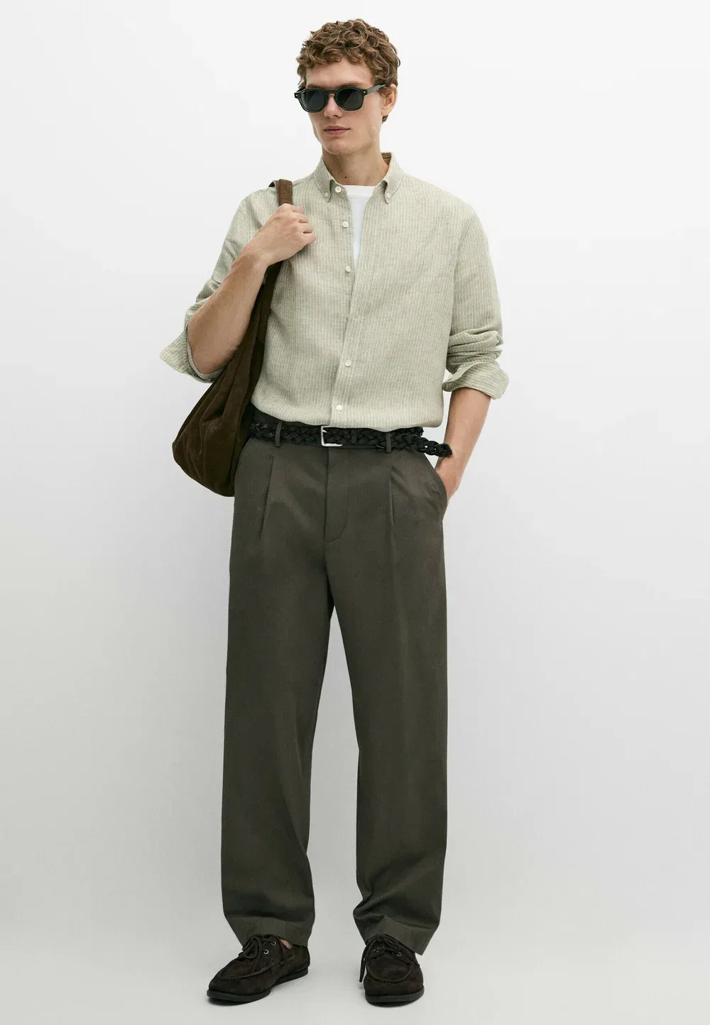 Брюки свободного кроя с вытачками Massimo Dutti, Khaki — фото 2