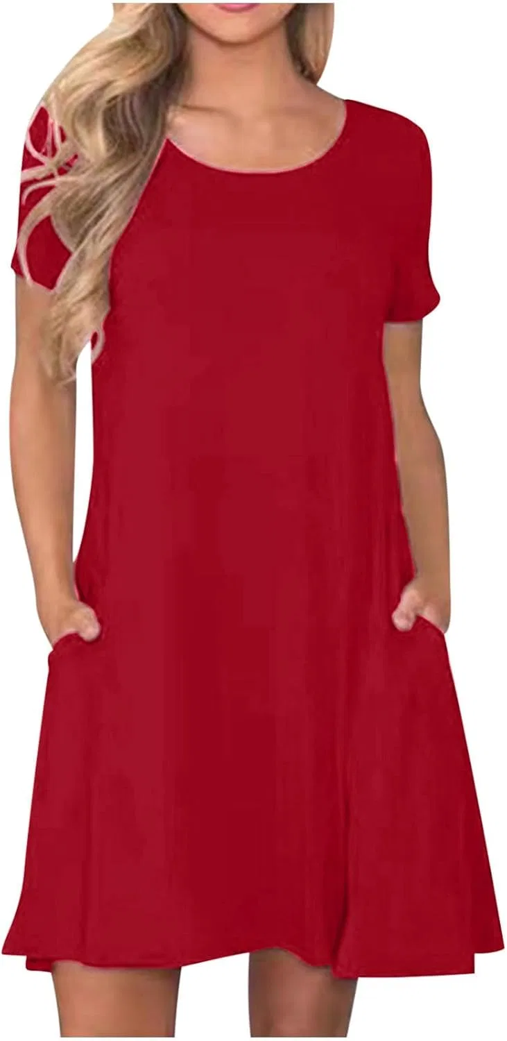 Женское летнее платье A-line с карманами, Red